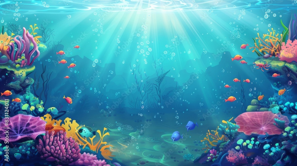 Naklejka premium Fish and coral reefs under the sea. Underwater world with seaweeds and sea animals