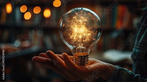 A hand holds a glowing light bulb in a dimly lit room. The bulb represents knowledge, inspiration, and new ideas. photo