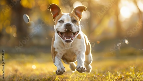 An American Bulldog playfully running through a park, with its ears flapping and a joyful expression as it chases a flying disc photo