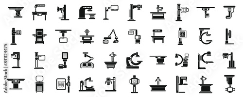 X-ray machine icons set vector. A collection of medical equipment icons. Some of the icons include a CT scanner, MRI machine, and X-ray machine