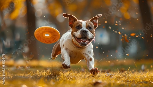 An American Bulldog playfully running through a park, with its ears flapping and a joyful expression as it chases a flying disc photo
