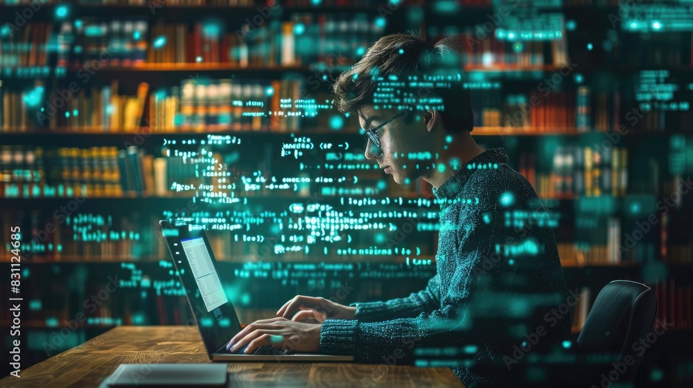 A programmer working late at night, surrounded by code and data, in a dimly lit library setting. A programmer working late at night, surrounded by code and data, in a dimly lit library setting.