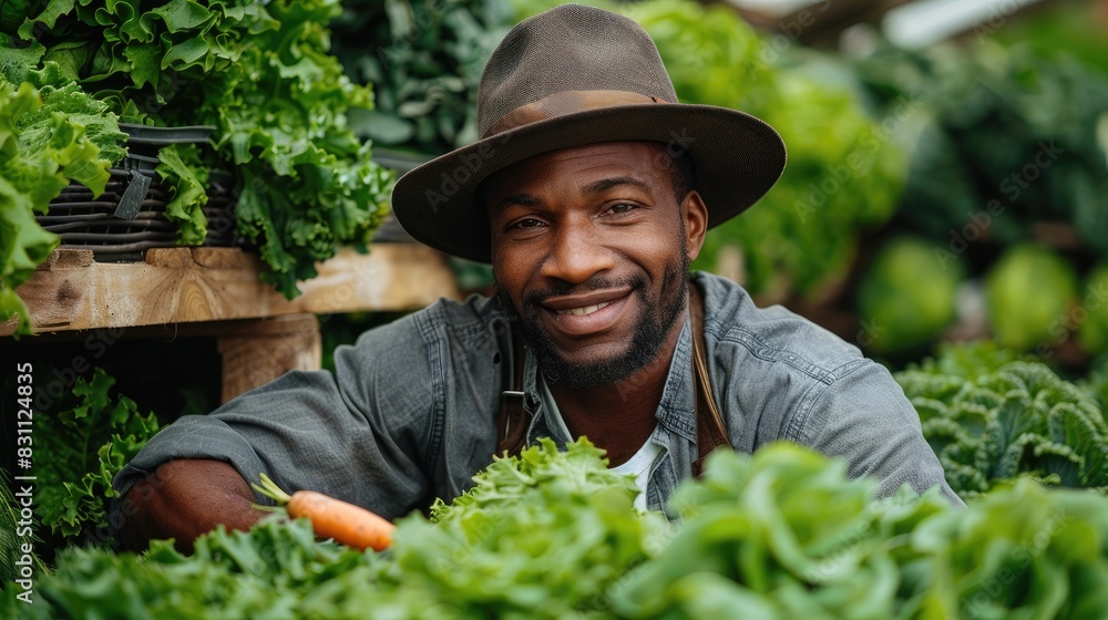 A smiling farmer holding a carrot in a greenhouse surrounded by lush greenery. A smiling farmer holding a carrot in a greenhouse surrounded by lush greenery.