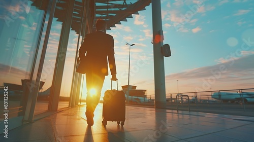 Full body bottom view young traveler businessman young man in black dinner suit going walk outside at international airport terminal with suitcase to car booking taxi Air flight busine : Generative AI