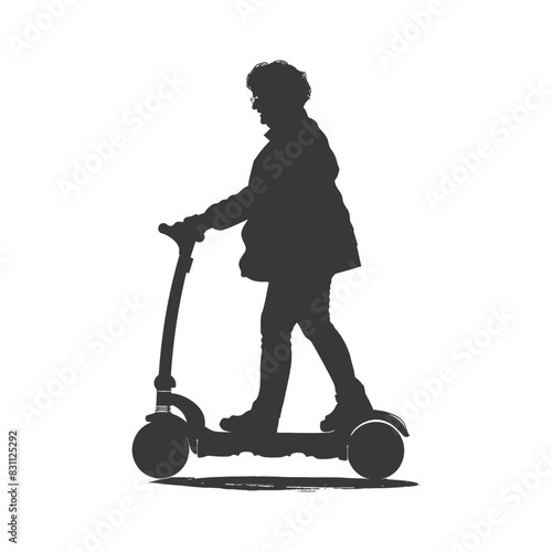 Silhouette of woman gliding on electric scooter against white background.