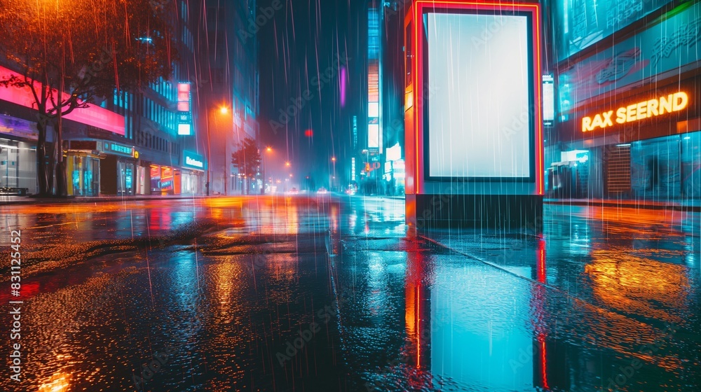 A vertical advertising kiosk stands amidst the neon chaos of a rainy city night, with its blank surface catching the glowing reflections from the wet, shiny asphalt.