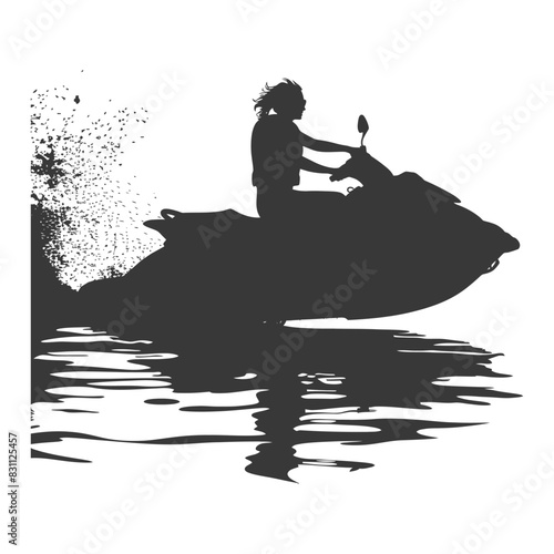 Silhouette of Woman on Jet Ski with Water Reflection and Artistic Splatter Effect