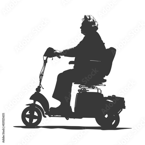 Silhouette of Senior Woman Riding Electric Mobility Scooter.