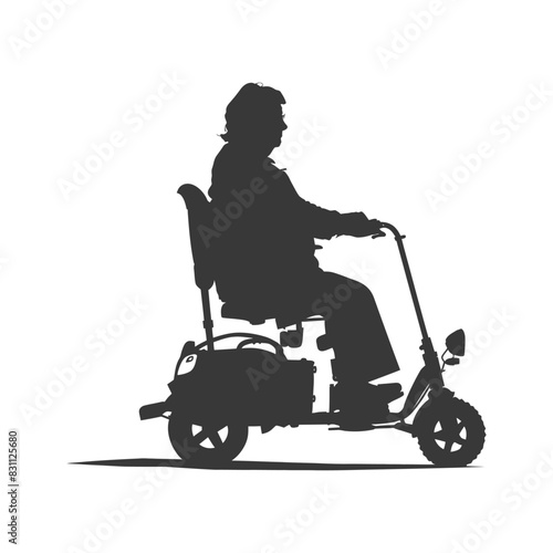 Silhouette of a woman riding a mobility scooter on white.