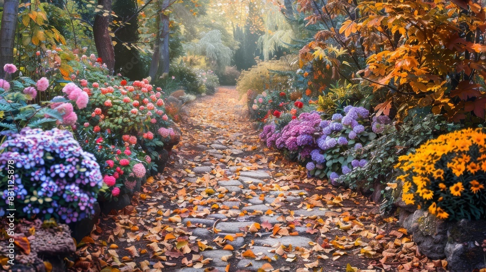 Autumn garden with pastel flowers and a stone pathway covered in leaves.