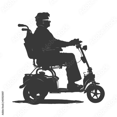 Silhouette of Senior Man on Electric Mobility Scooter, Isolated on White.