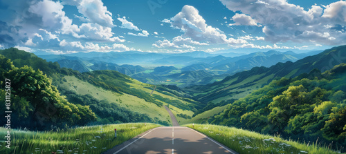 Painting watercolor of Winding highway disappears into the unknown, traversing lush grasslands under expansive blue skies, with distant mountains embraced by dense forests. photo