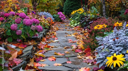 Wallpaper Mural Autumn garden with pastel flowers and a stone pathway covered in leaves. Torontodigital.ca