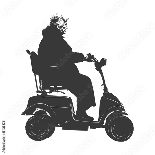 Elderly silhouette: Woman on mobility scooter, accessibility graphic, active aging.