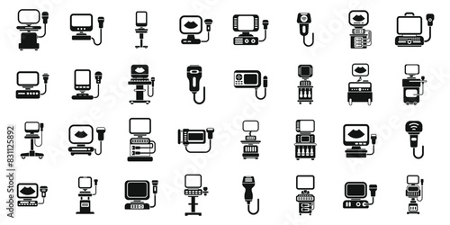 Ultrasound machine icons set vector. A collection of medical equipment icons. Some of the icons include a computer monitor, a keyboard, a mouse, a printer, and a scanner