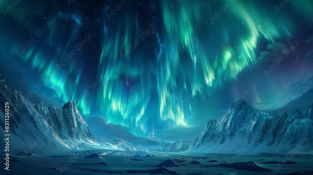 Fototapeta premium A dazzling neon-lit tundra, electric ice formations and glowing aurora lighting up the polar night sky