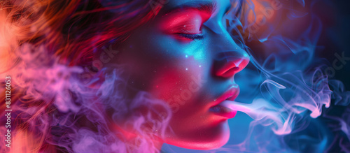 Modern vape shop banner featuring stylish woman vaping in an urban setting with neon lights and graffiti