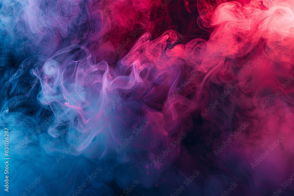 Fototapeta premium Dramatic smoke and fog in contrasting vibrant reds, blues and purples. Bright and intense abstract background.