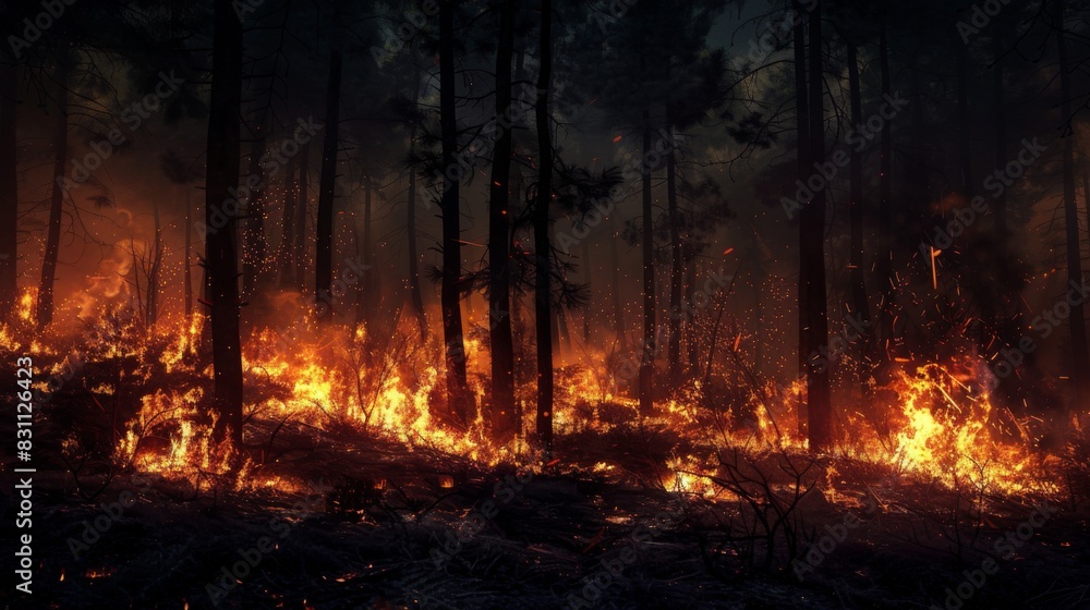 Eerie glow of flames illuminating a dark forest at night, evoking the danger and intensity of a wildfire Eerie glow of flames illuminating a dark forest at night, evoking the danger and intensity of a wildfire