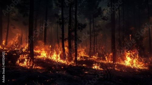 Eerie glow of flames illuminating a dark forest at night, evoking the danger and intensity of a wildfire