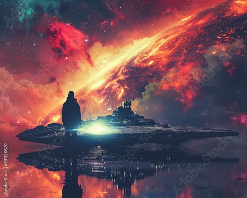 Space observatory, futuristic design, cosmic scenery, focus on, striking colors, Double exposure silhouette with spaceship