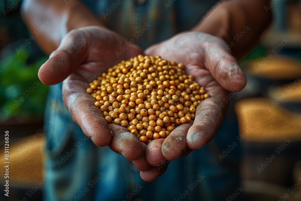 A close-up shot of a farmer's hands gently holding a bunch of golden soybeans, symbolizing agriculture A close-up shot of a farmer's hands gently holding a bunch of golden soybeans, symbolizing agriculture