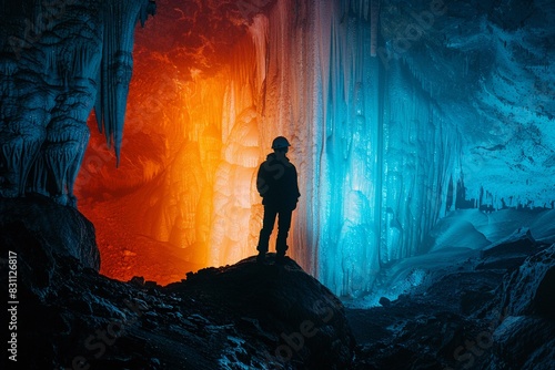 Stalactites and stalagmites in cave, mysterious light beams, ethereal scene, close up, bold colors, Double exposure silhouette with cave explorer