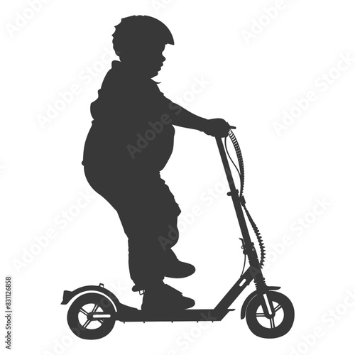 Silhouette of Overweight Child with Helmet Riding Electric Scooter.