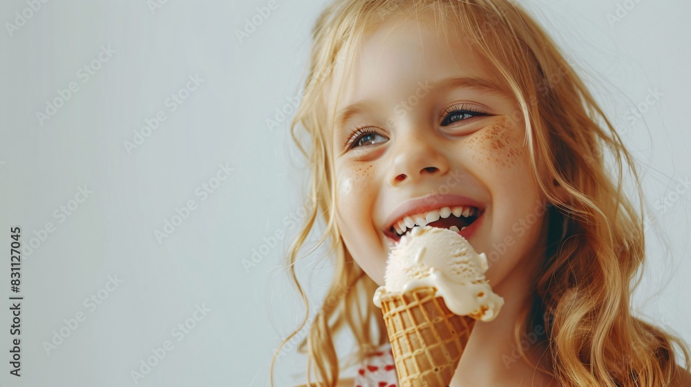 Close up shot of little smiling girl eating icecream. Icecream day concept Close up shot of little smiling girl eating icecream. Icecream day concept