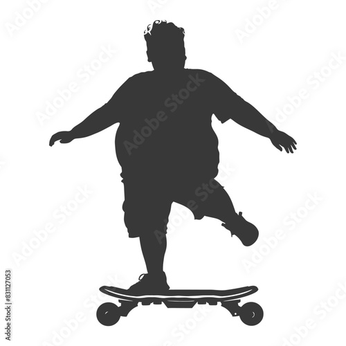 Silhouette of Overweight Man Balancing on Electric Skateboard.