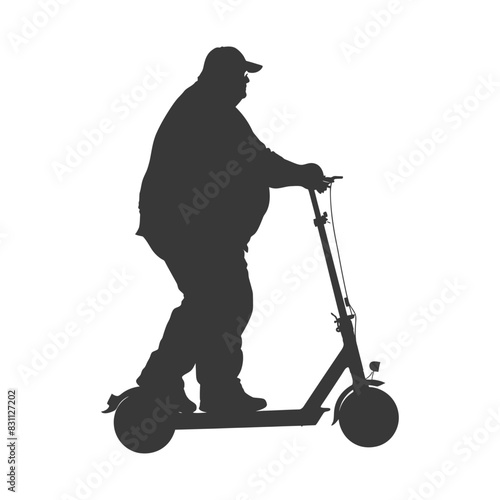 Silhouette: Overweight Man Riding Electric Scooter, Side View.