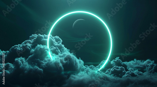 Swirling cloud in a dark sky encircled by a bright mint green neon ring, 3D frame, photo