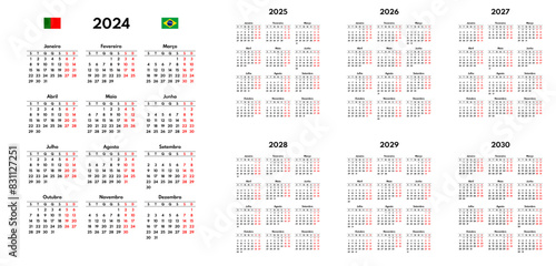 simple 2024 2025 2026 2027 2028 2029 2030 portuguese calendar grid, monday first, two weekends