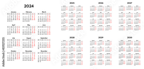 simple 2024 2025 2026 2027 2028 2029 2030 english calendar grid, monday first, two weekends