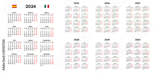 simple 2024 2025 2026 2027 2028 2029 2030 spanish calendar grid, monday first, two weekends