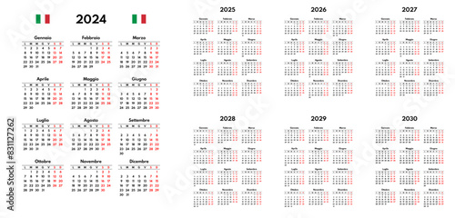 simple 2024 2025 2026 2027 2028 2029 2030 italian calendar grid, monday first, two weekends