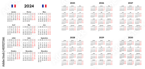 simple 2024 2025 2026 2027 2028 2029 2030 french calendar grid, monday first, two weekends