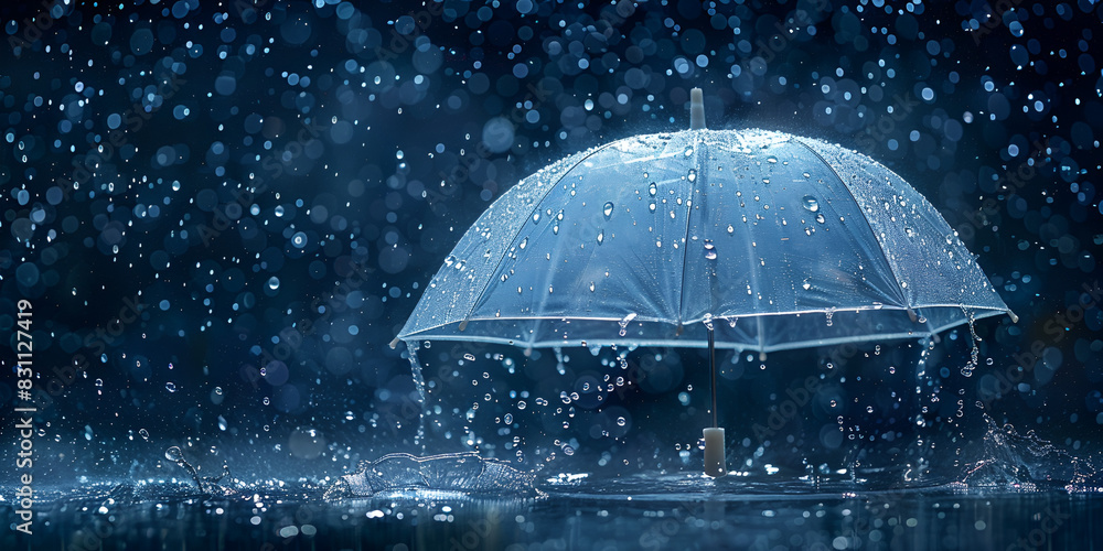 Rainy weather concept with a transparent umbrella and water drops splashing
