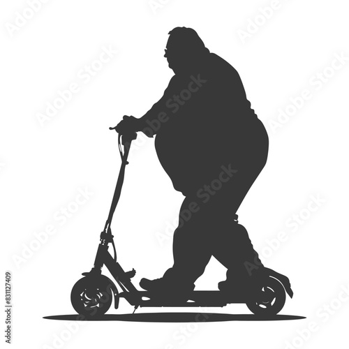 Silhouette: Obese Man Gliding on Electric Scooter, Modern Mobility, Urban Transportation.