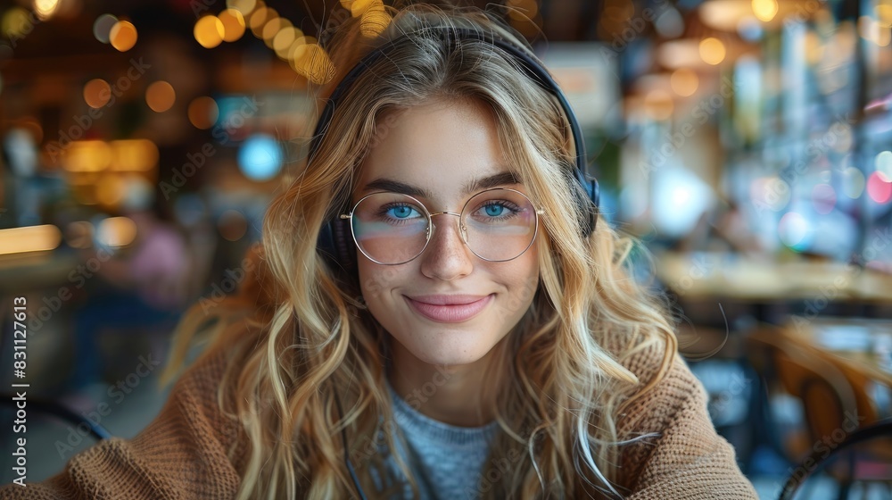A young woman with glasses and headphones smiles at the camera in a cafe. A young woman with glasses and headphones smiles at the camera in a cafe.