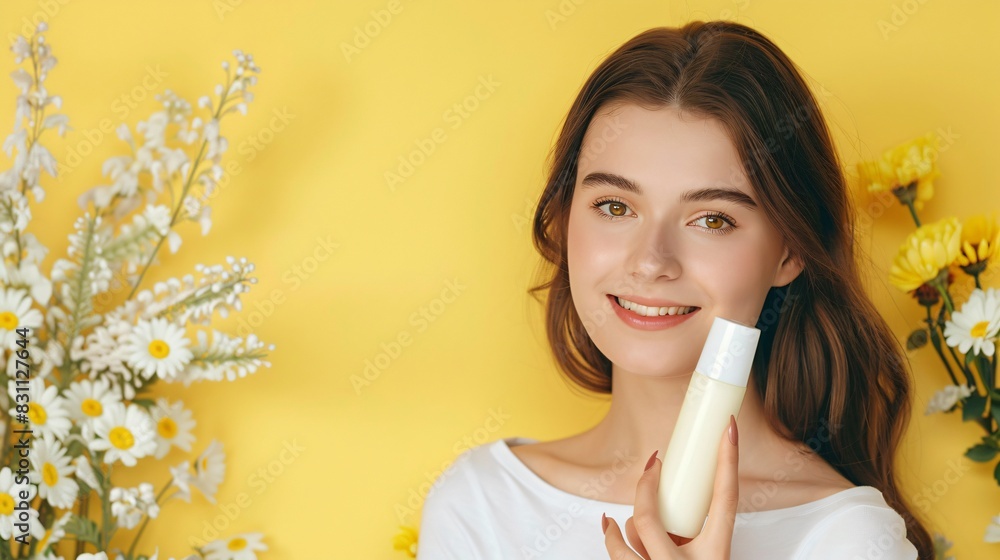 Close up shot of beautiful girl holding white cream tube, against yellow background, decorated with beautiful flowers. Product advertising concept Close up shot of beautiful girl holding white cream tube, against yellow background, decorated with beautiful flowers. Product advertising concept