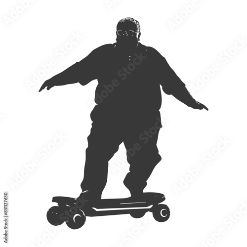 silhouette fat elderly man riding hoverboard full body black color only