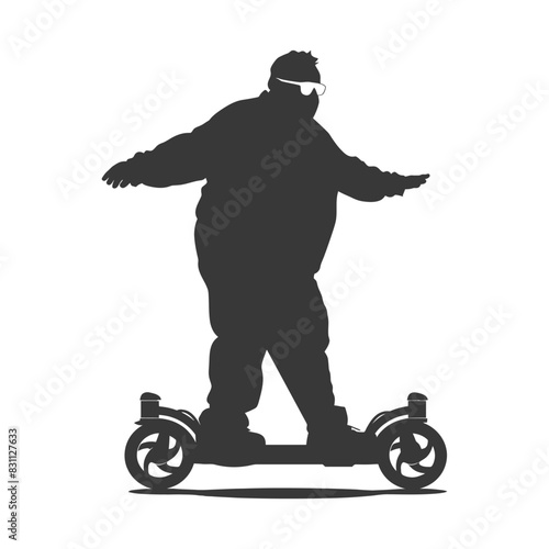 silhouette fat elderly man riding hoverboard full body black color only