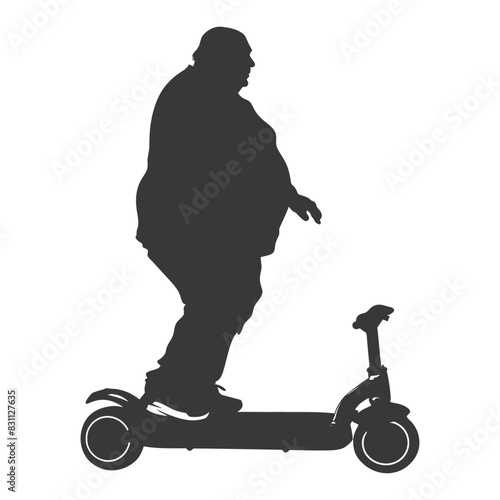 silhouette fat elderly man riding hoverboard full body black color only