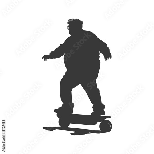 silhouette fat elderly man riding hoverboard full body black color only