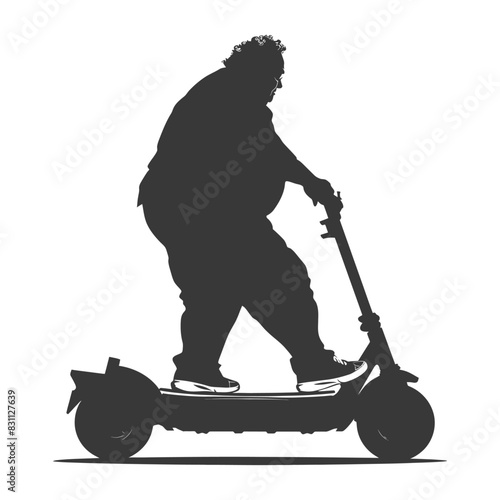 silhouette fat elderly man riding hoverboard full body black color only