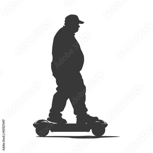 silhouette fat elderly man riding hoverboard full body black color only