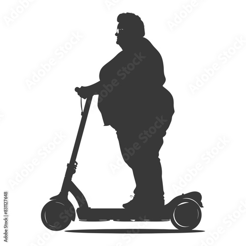 silhouette fat elderly man riding hoverboard full body black color only