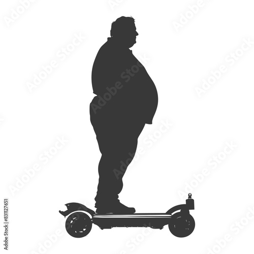 silhouette fat elderly man riding hoverboard full body black color only