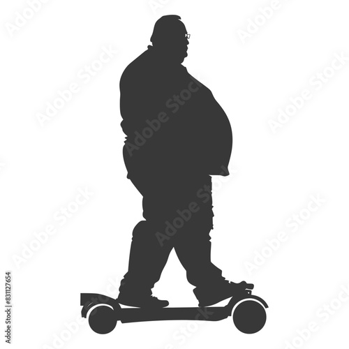 silhouette fat elderly man riding hoverboard full body black color only